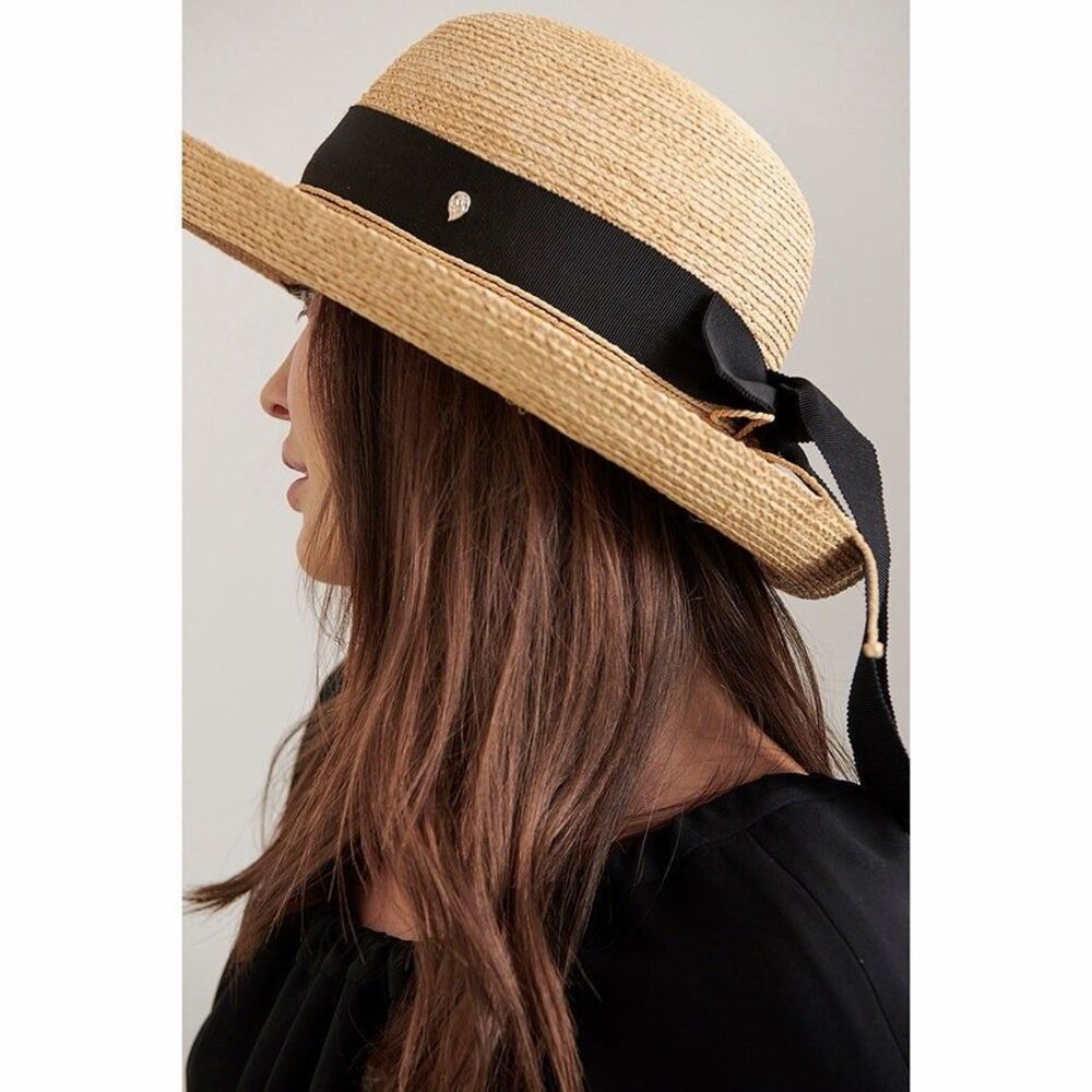 $310 Helen Kaminski Newport Raffia Braid Hat Women’s L Sunhat Black Bow